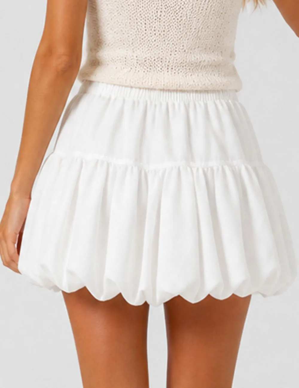 Solid Color Bubble Hem Bow Elastic Waist Mini Skirt