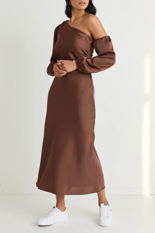 Chocolate Satin One Shoulder LS Midi Dress