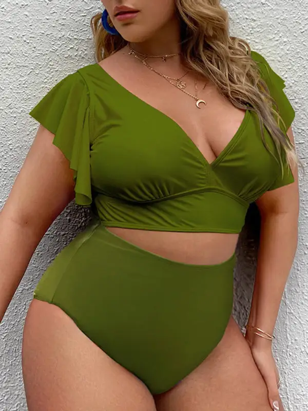 Plus Size Falbala V Neck Bikini Swim Set