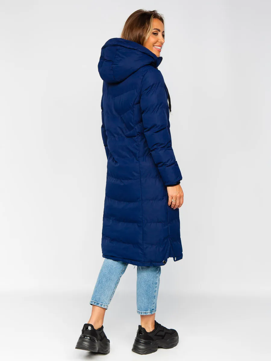 Dark blue women's long quilted winter jacket with hood