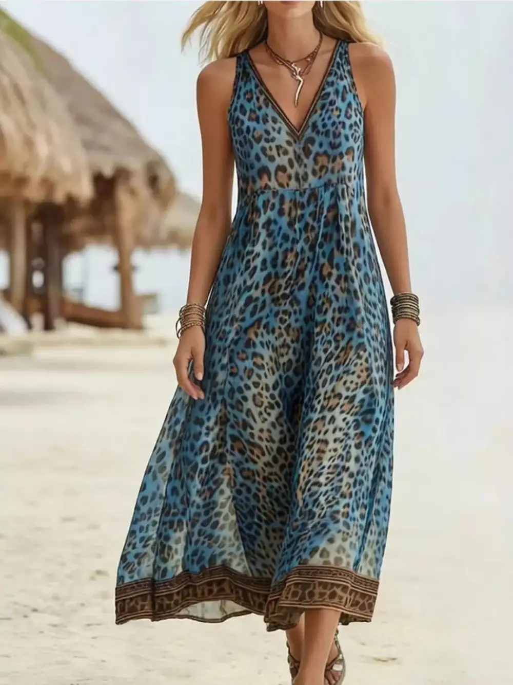 Animal Print V Neck Midi Dress