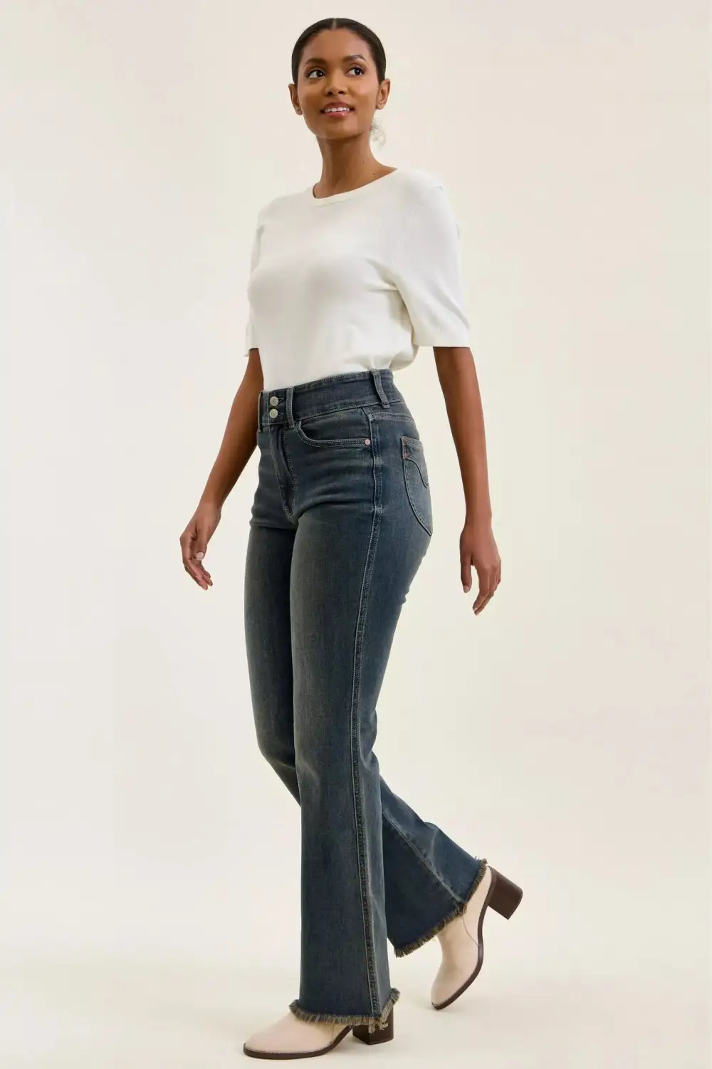 High Waist Frayed Hem Button Denim Jeans