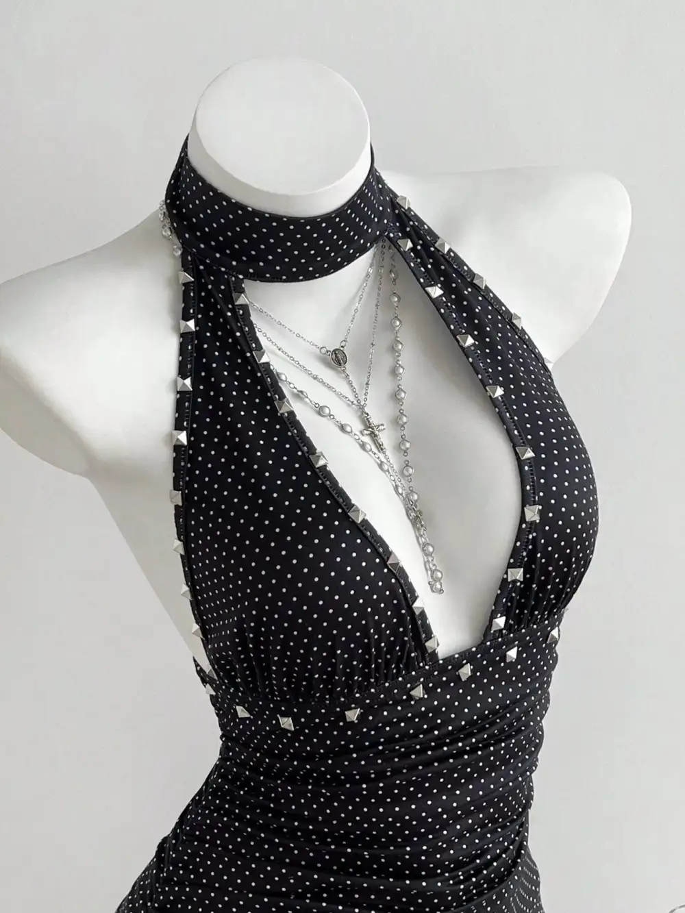 Polka Dot Cutout Front Halter Neck Dress