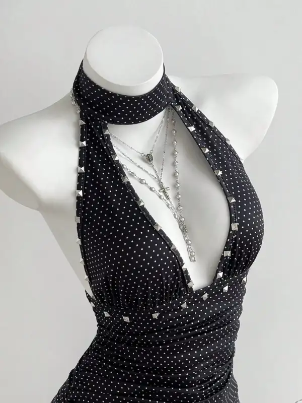 Polka Dot Cutout Front Halter Neck Dress
