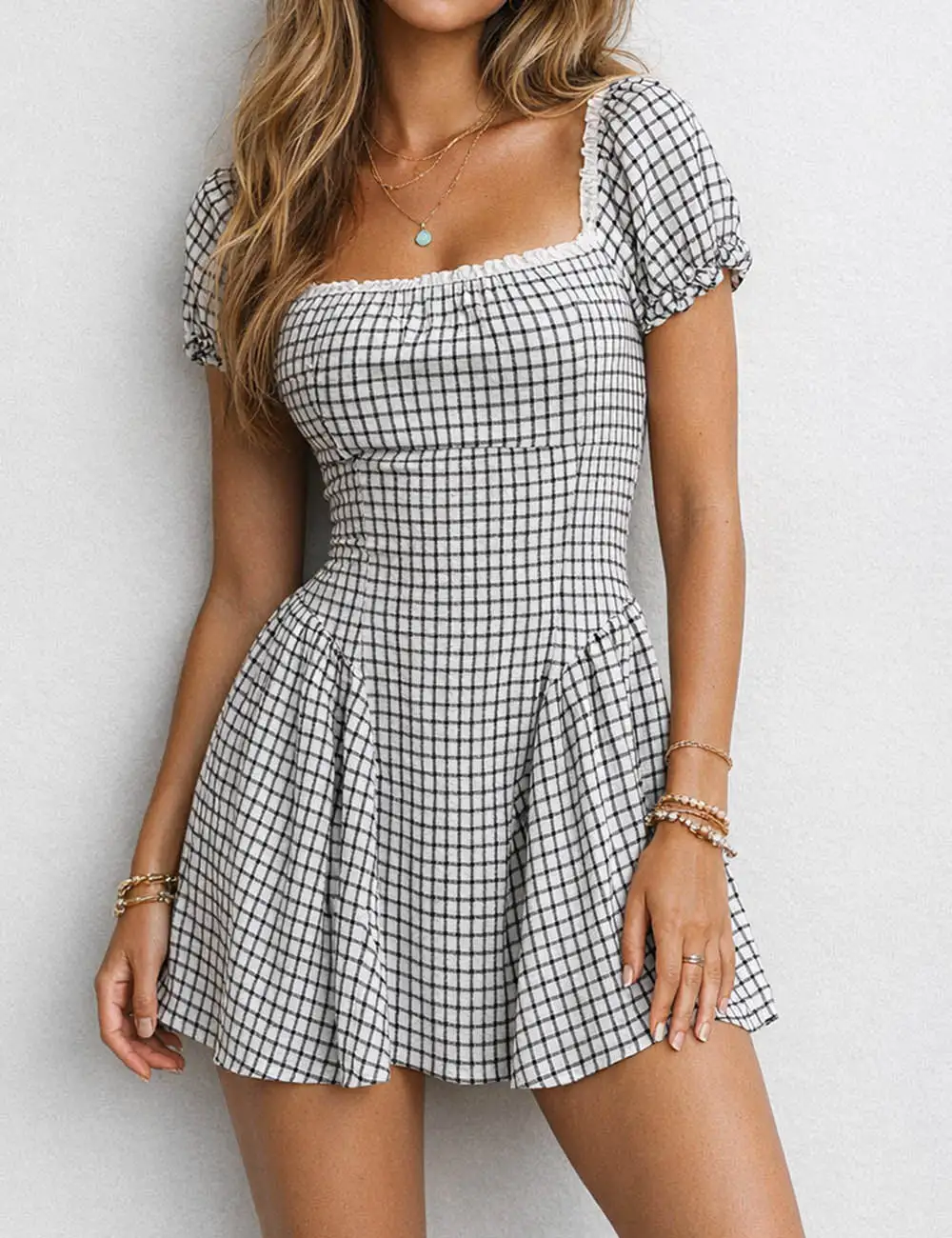 Romantic Gingham Square Neck Flared Mini Dress