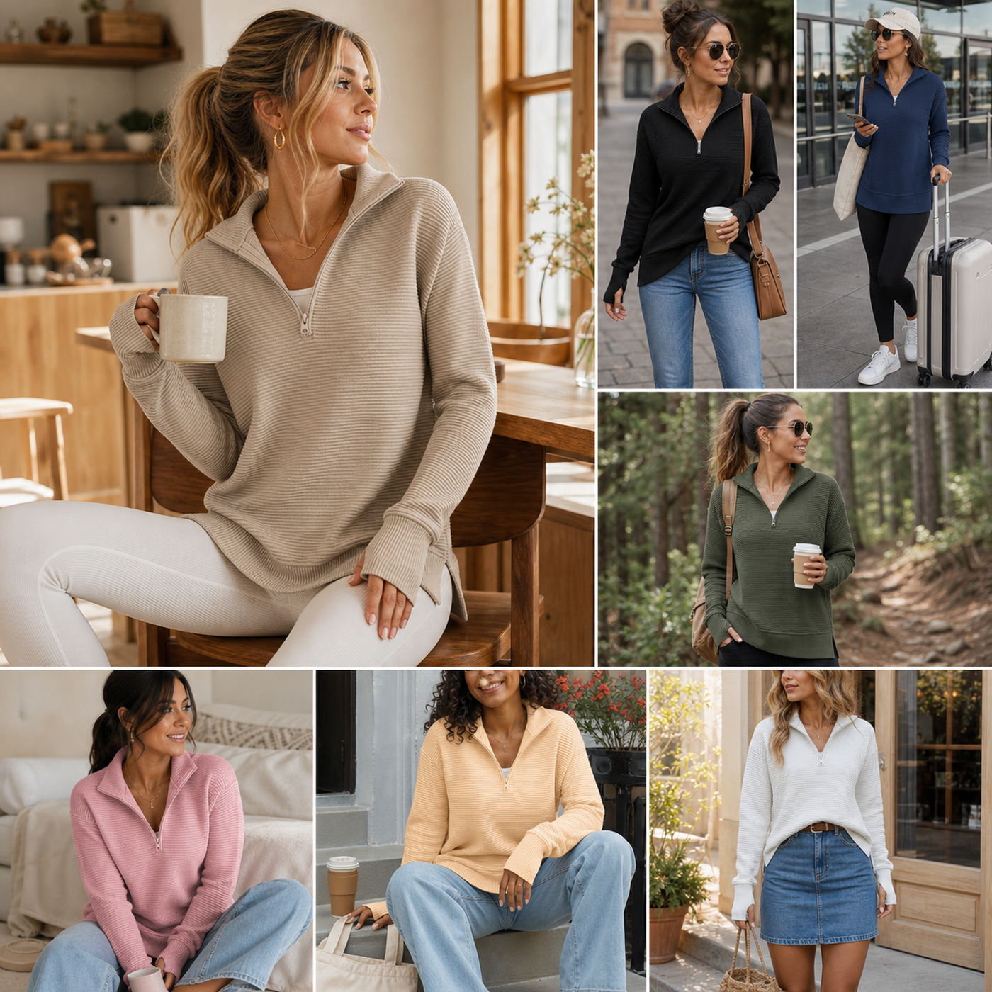 Real-life styling scenes for quarter zip pullover sweater