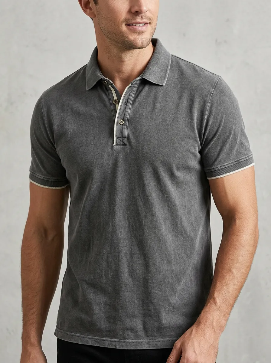 Men's Vintage Washed Charcoal Grey Contrast Trim Polo Shirt