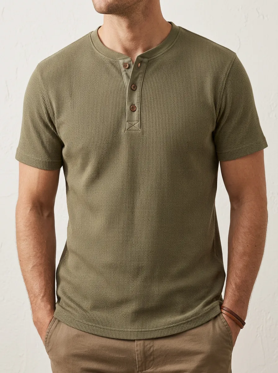 Men's Streamlined Waffle Knit Button Placket Henley Shirt