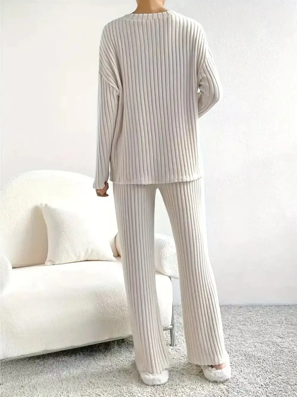 Classic Ribbed Knit V Neck Top and Pants Set