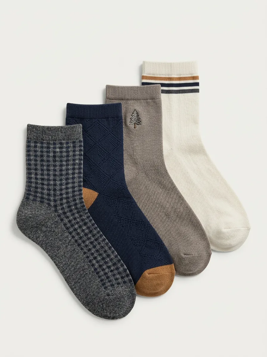 Pine Tree Motif Striped Tree Motif Ribbed Texture Men's Crew Socks Four-Pair Pack