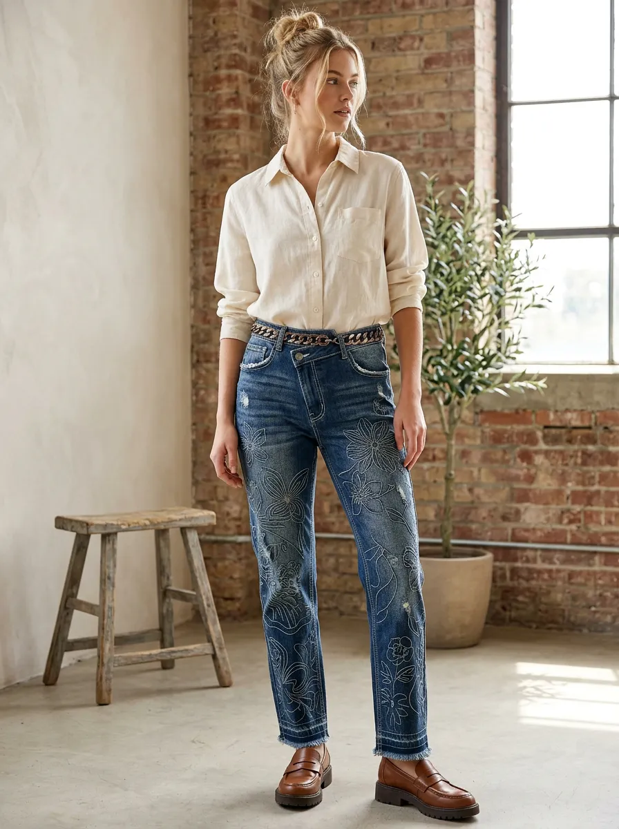 Women's Red Floral Easy Fit Denim Pants