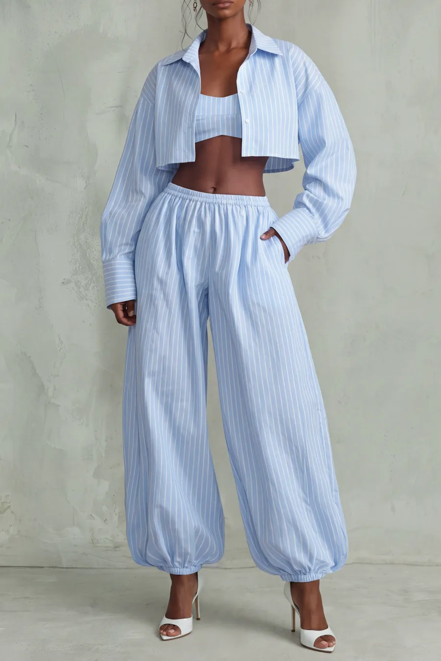 Cropped Shirt Cropped Striped Matching Pants Set