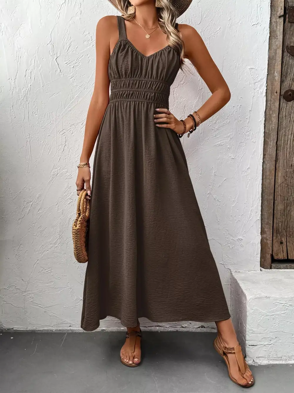 Smocked Sleeveless Midi Dress