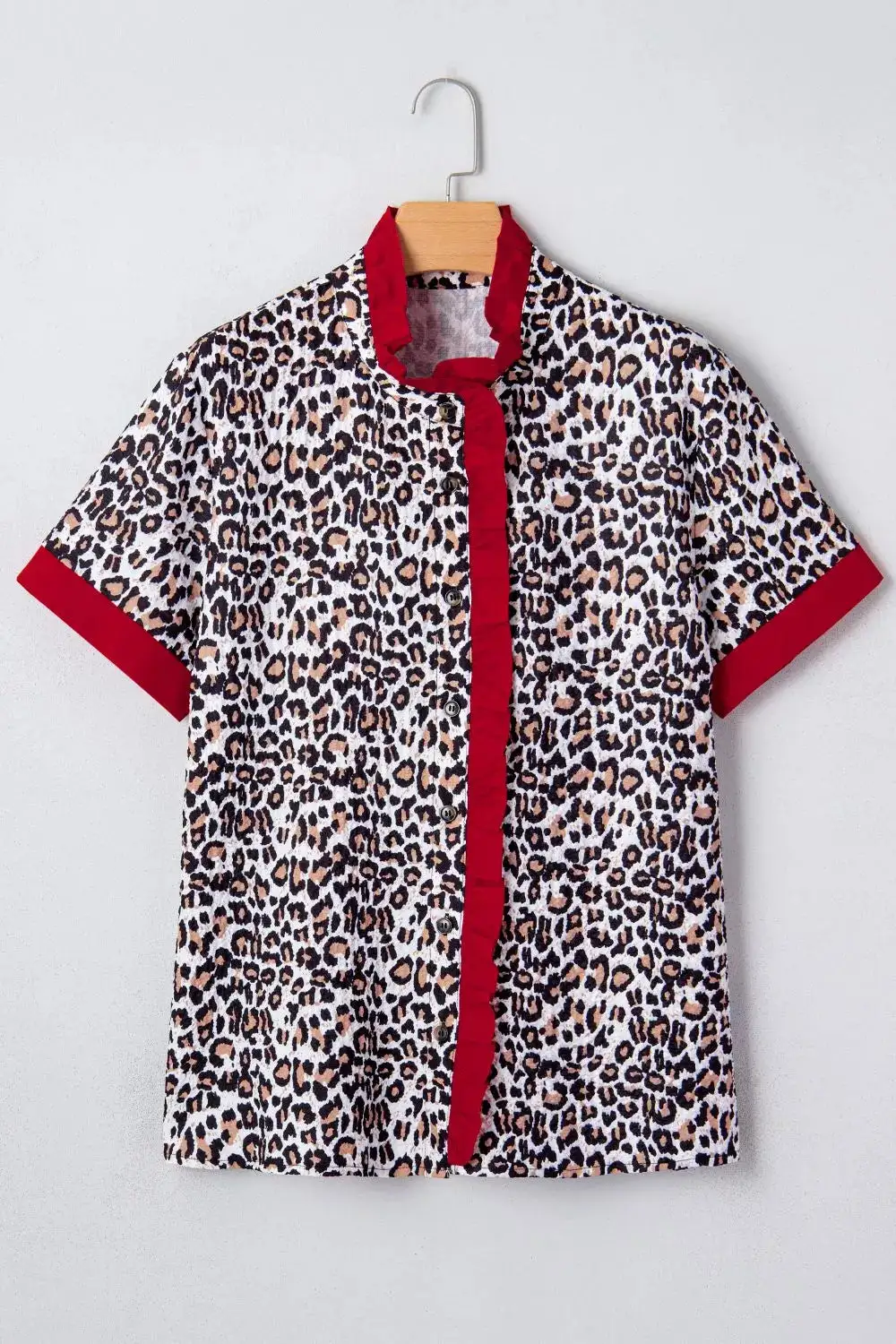 Contrast Frilled V Neck Trimmed Leopard Shirt