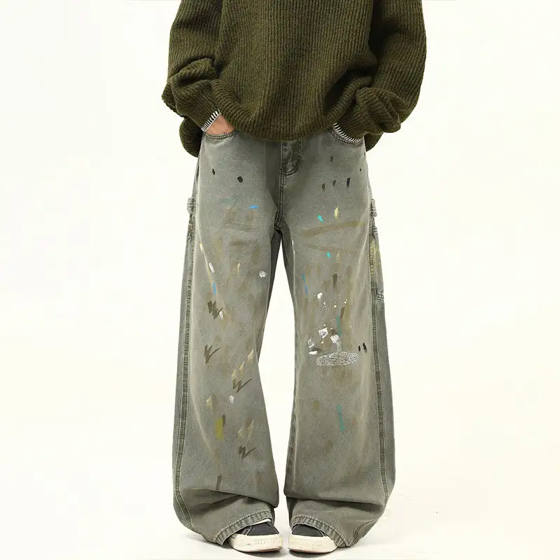 Distressed Splash Print Wide Leg Jeans