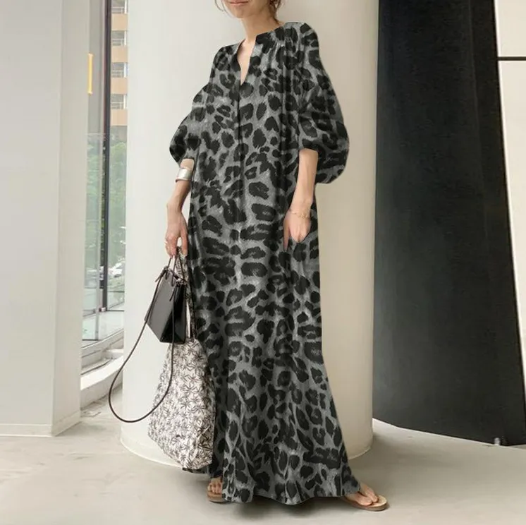 Temperament Leopard Print Stand Puff Sleeve Fashion Loose Casual Bohemian Shirt Dress