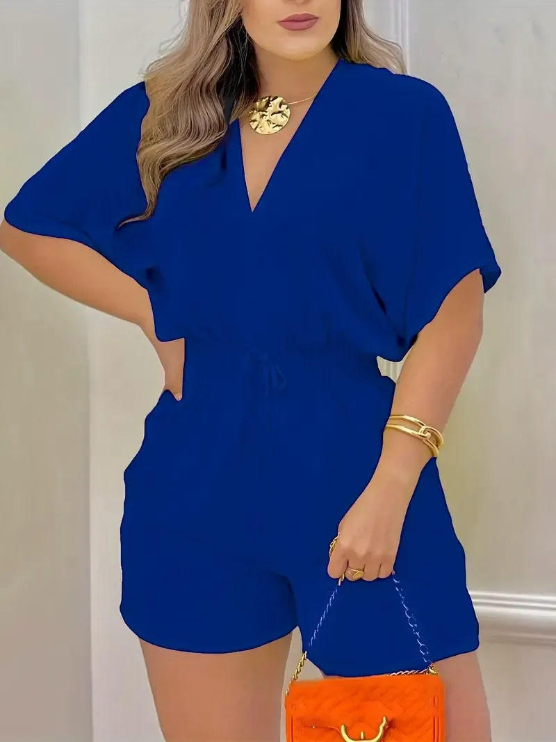 Women's Solid-Color V-Neck Jumpsuit with Drawstring Waist