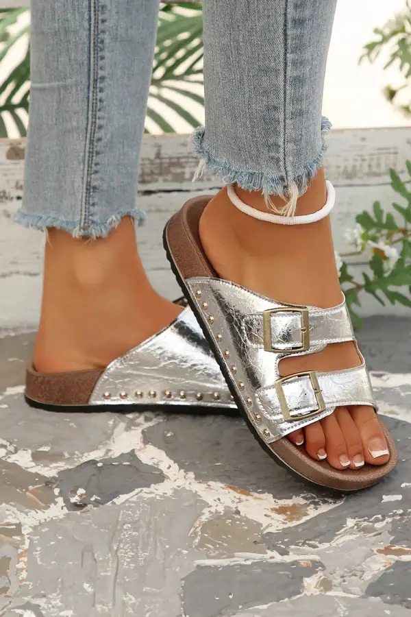 Contemporary Studded Leather Buckle Strappy Flat Sandals