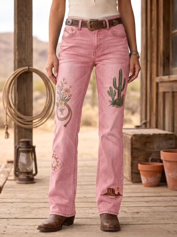 Women's Western Desert Cactus Floral Lasso Printed Jeans