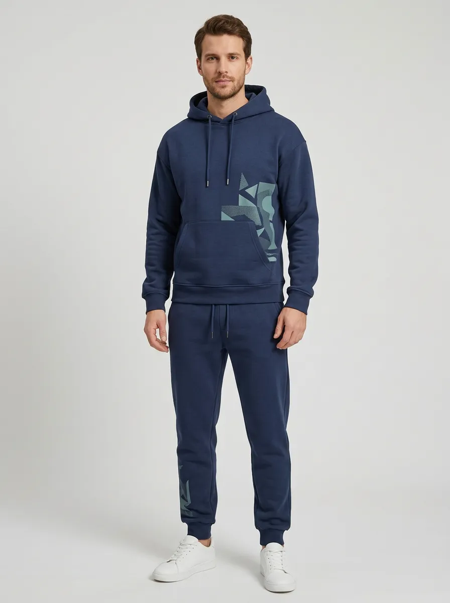 Men's Geometric Pattern Navy Printed Tracksuit Set