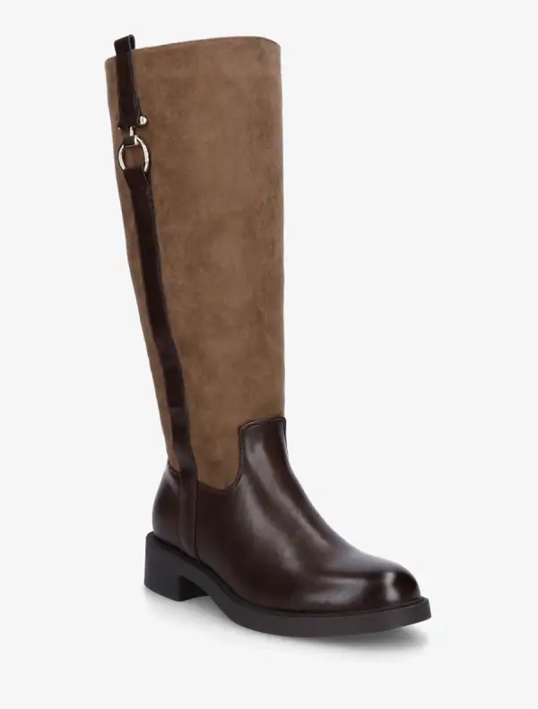 Classic Riding Buckle Detail Block Heel Faux Suede Knee High Boots