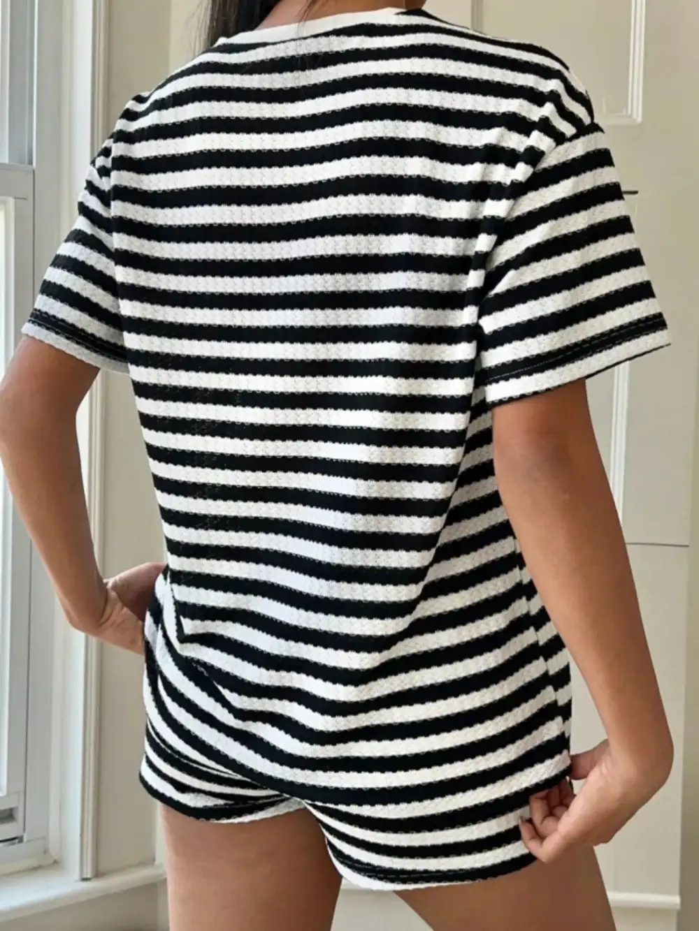 Easy Striped Round Neck Top and Shorts Set