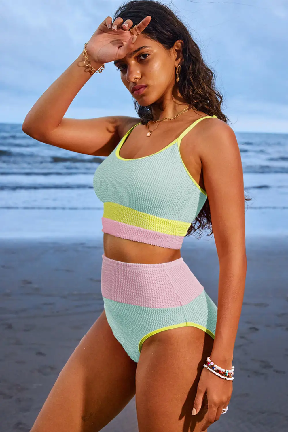 Blocked Pattern High Waisted Bikini Swim Set