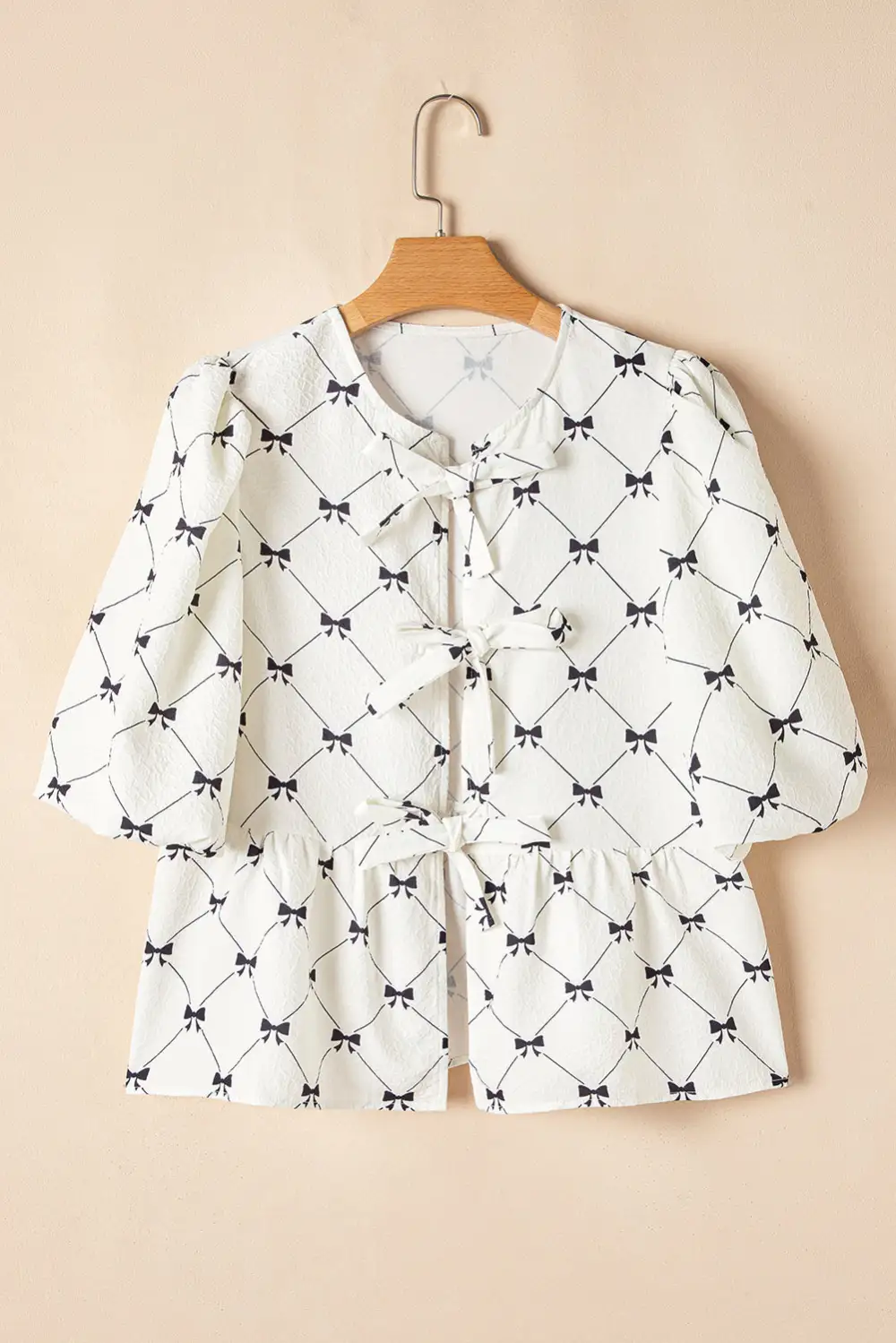 White Bowknot Print Front Knots Bubble Sleeve Blouse
