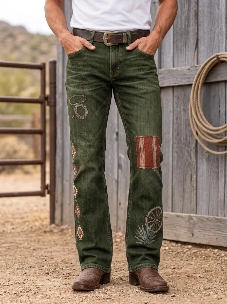 Men's Western Cowboy Lasso Aztec Patch Printed Jeans