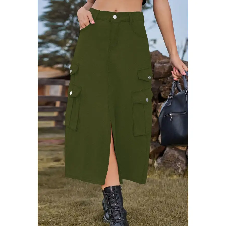 Slit Front Midi Denim Skirt with Pockets