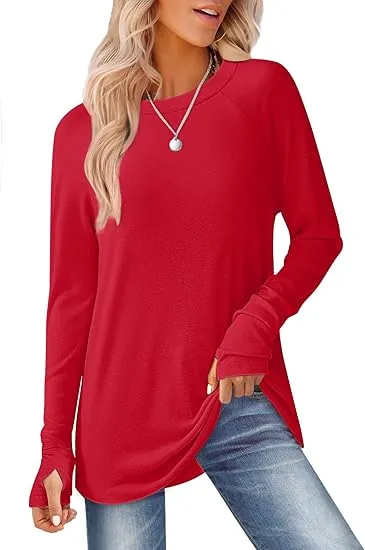 Womens Tunic Tops to Wear with Leggings Long Sleeve Thumb Hole Shirts Crew Neck Curved Hem