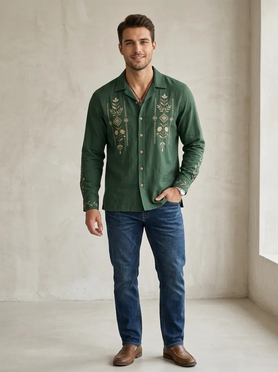 Men's Floral Boho Modern Embroidered Shirt