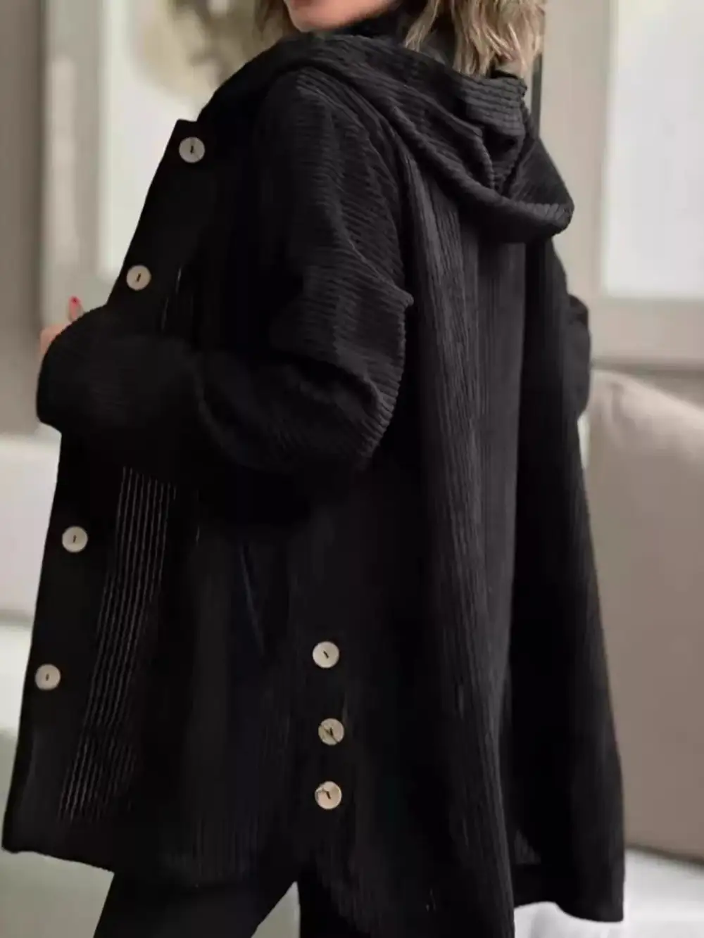 Full Size Corduroy Button Up Hooded Jacket Plus Size