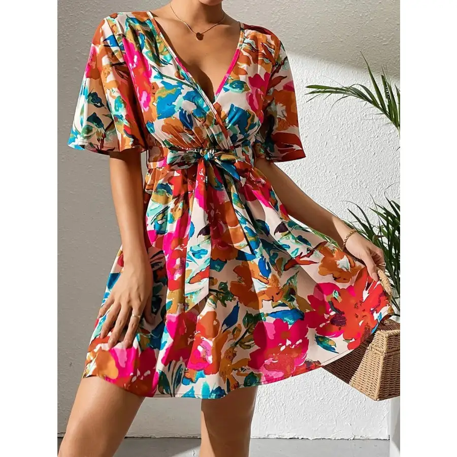 Printed Surplice Short Sleeve Mini Dress