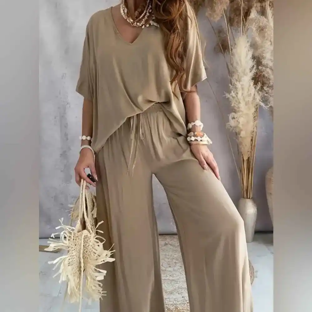 Lounge Set Flowy V-neck Top & Wide-leg Pants For All Party