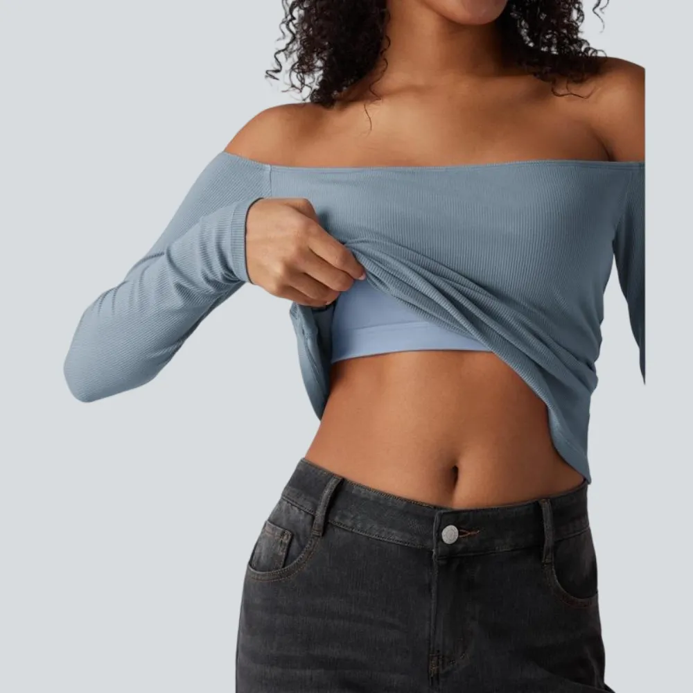 Ribbed Knit Off Shoulder Long Sleeve 2-in-1 Casual Top