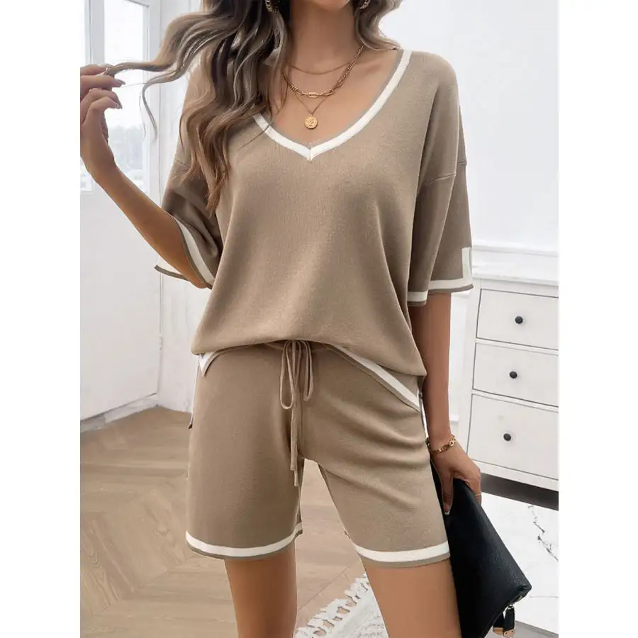 Contrast Trim V Neck Top and Shorts Set