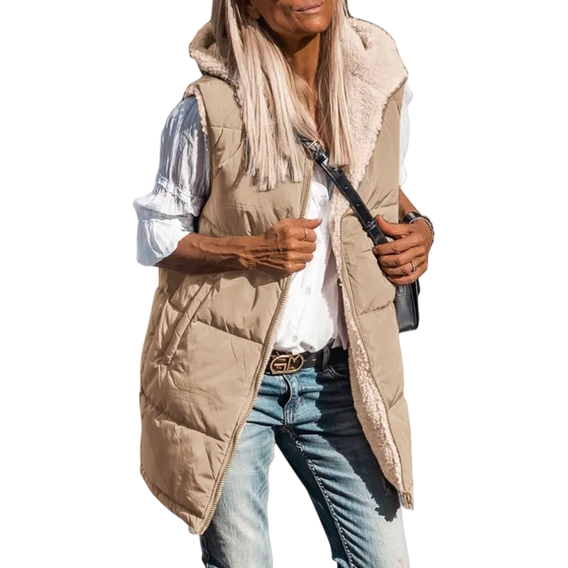 Women's military green double-faced fleece vest with pockets and a hood, long zip-up coat