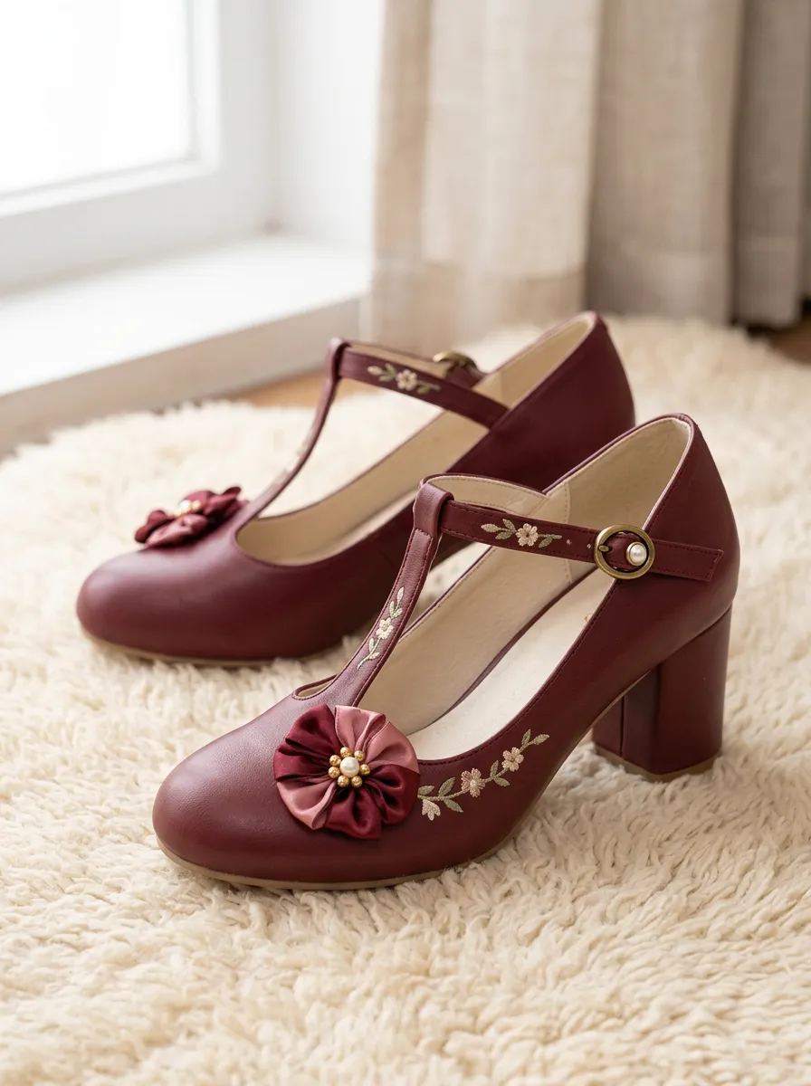 T-Strap Floral Embroidered Women's Bavarian Occasion Heels