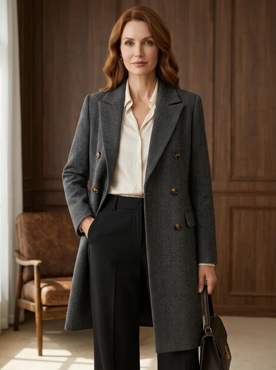 Women's Business Casual Grey Herringbone Pattern Printed Coat