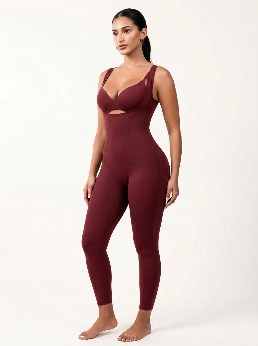 Women's Brown Seamless Tummy Control Cutout Bodysuit Shapewear