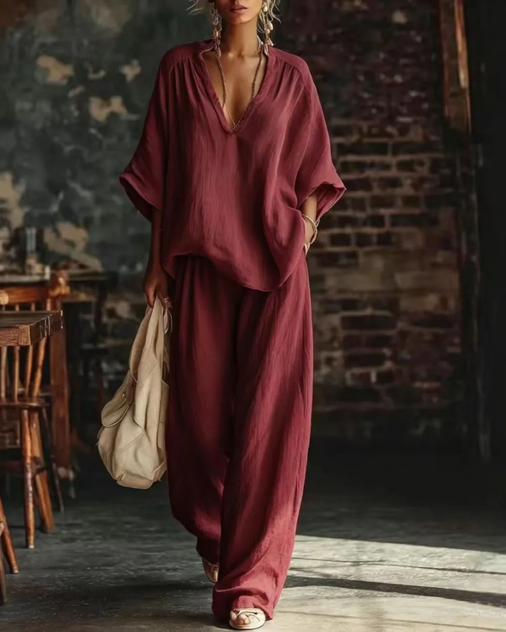 Casual Urban Boho V-Neck Blouse Set