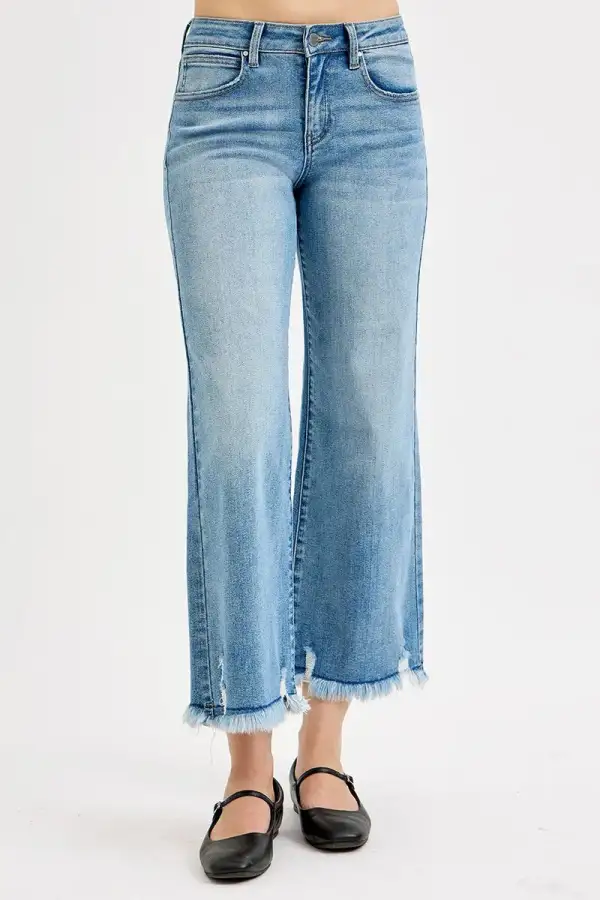 Mid Rise Raw Hem Frayed Hem Wide Leg Jeans