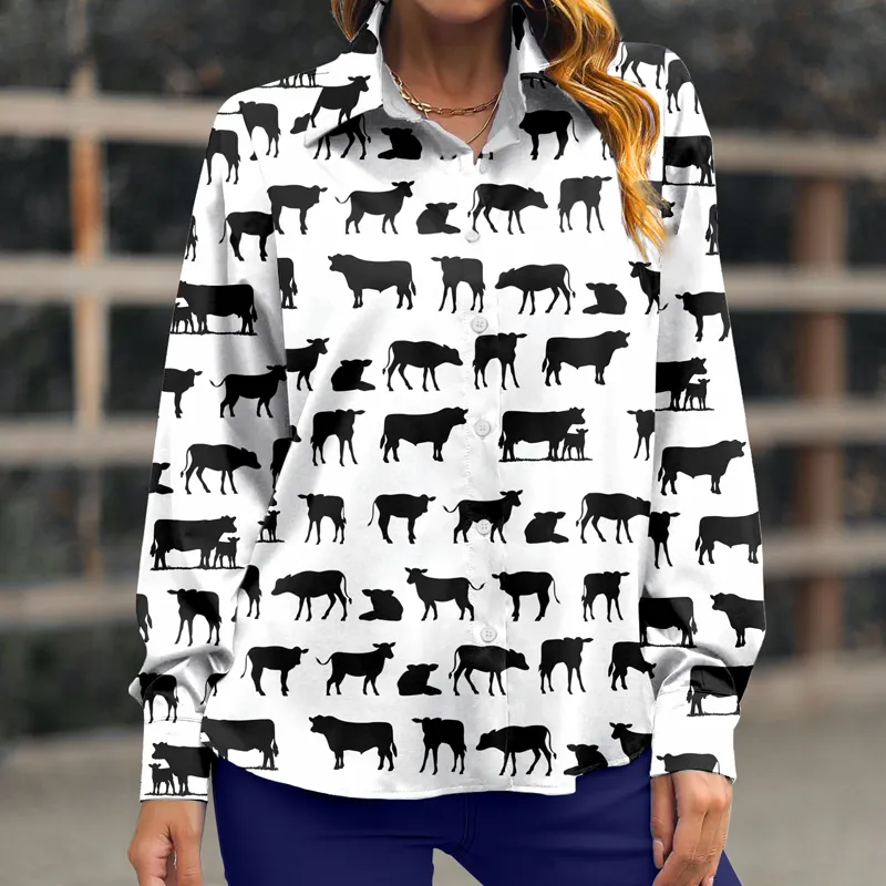 Women's Black Angus Cattle Color Long Sleeve Lifestyle Casual Button Shirt