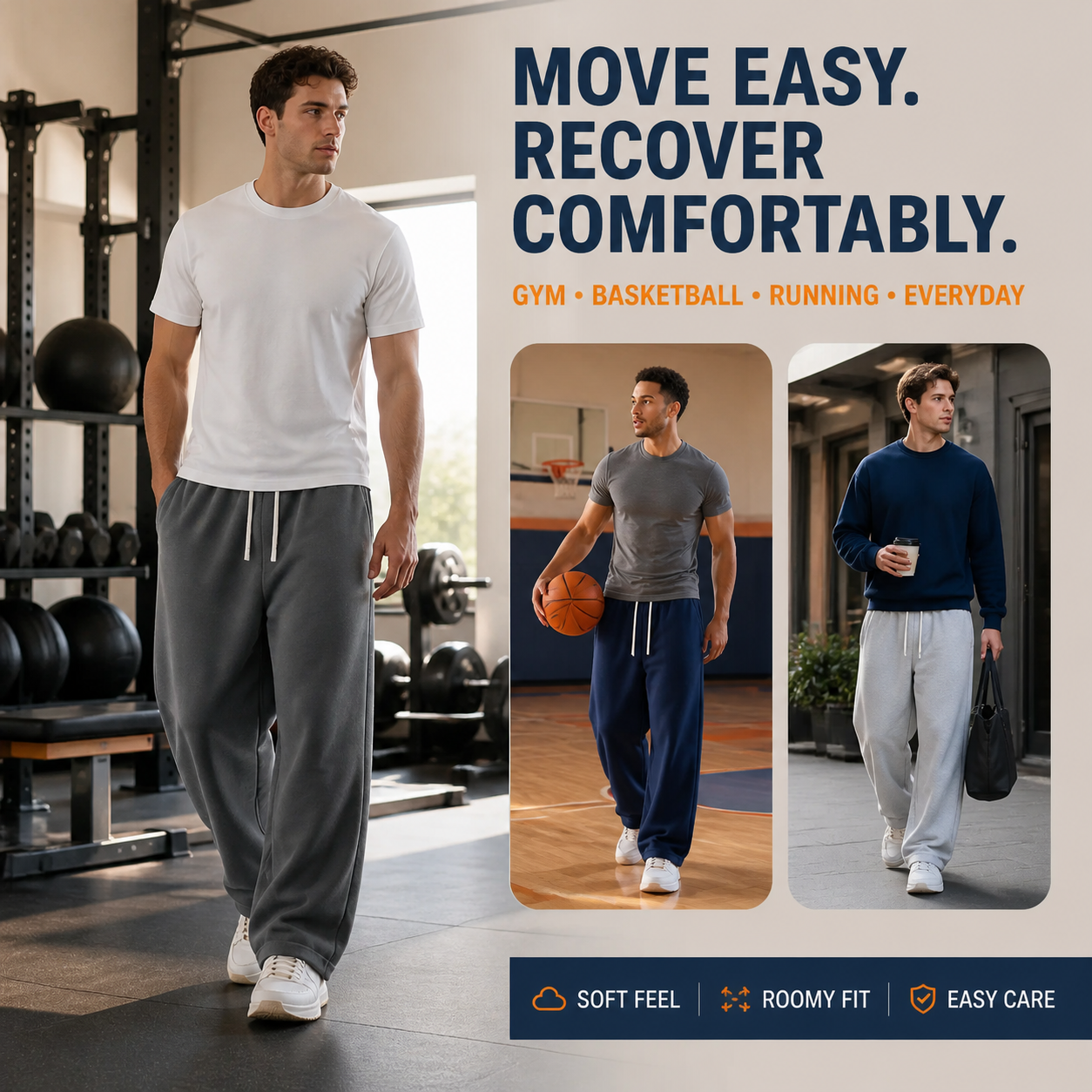 Men wearing wide-leg sweatpants for gym basketball and everyday activities
