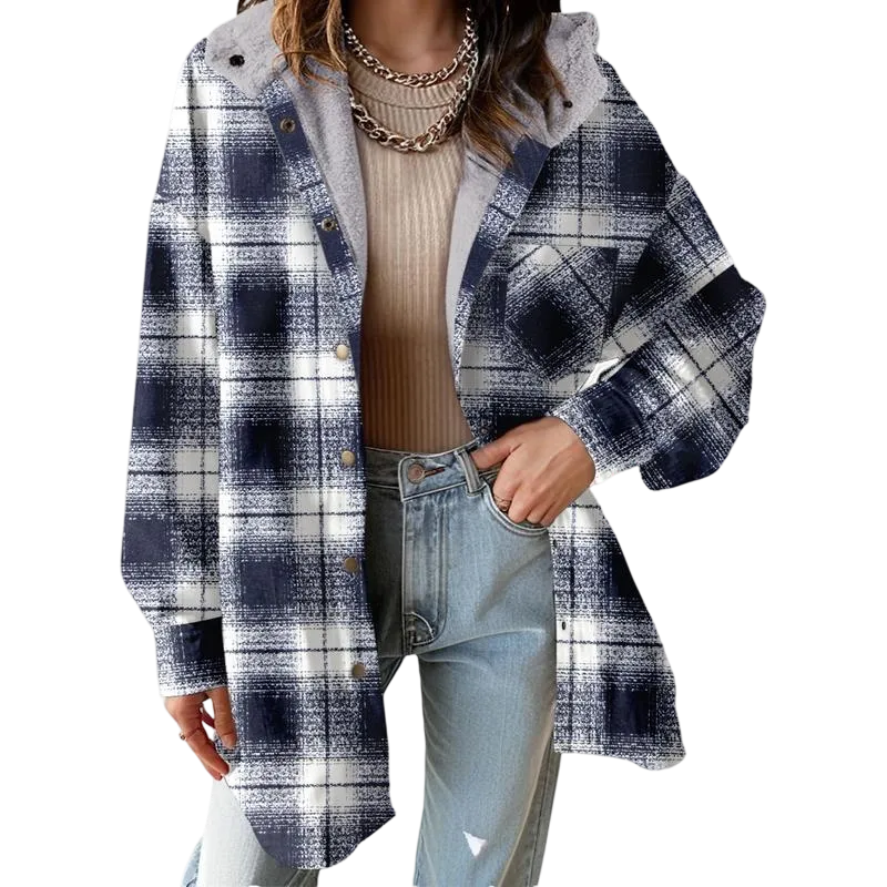 Women's Flannel Hooded Plaid 2025 Shacket Thick Coat