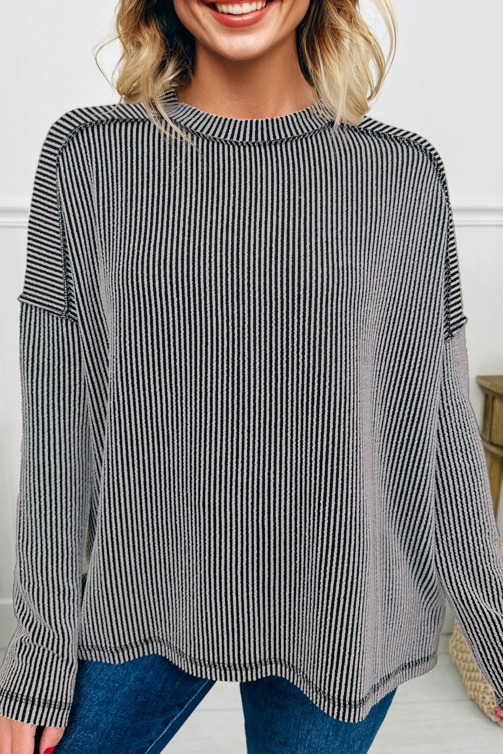 Women's Ribbed Long Sleeve Loose Fit Top