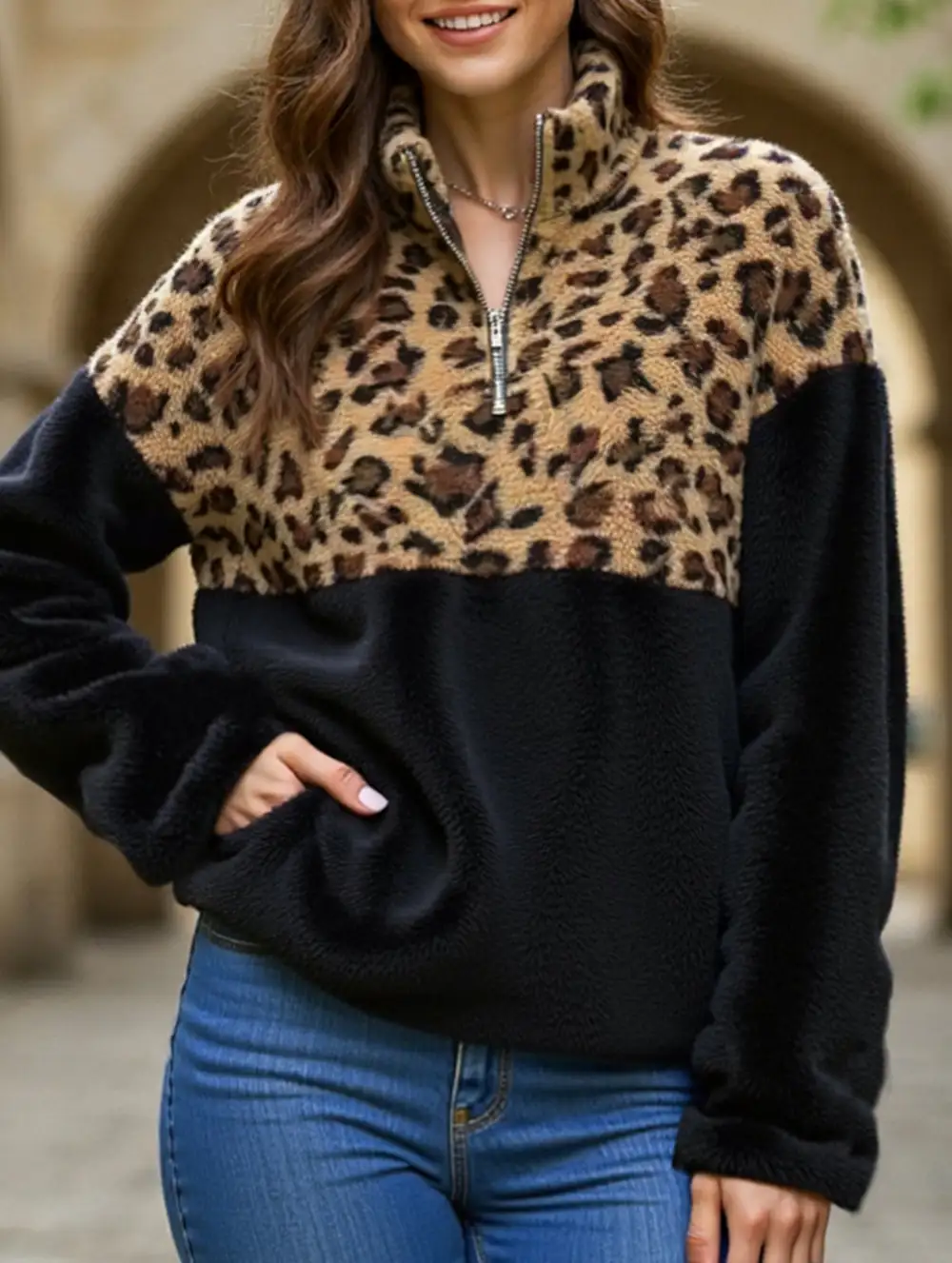 Patchwork Half Zip Pullover Sweatshirt