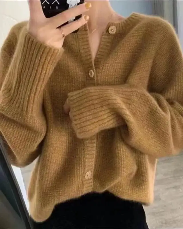 Cashmere Button-Front Round-Neck Cropped Cardigan
