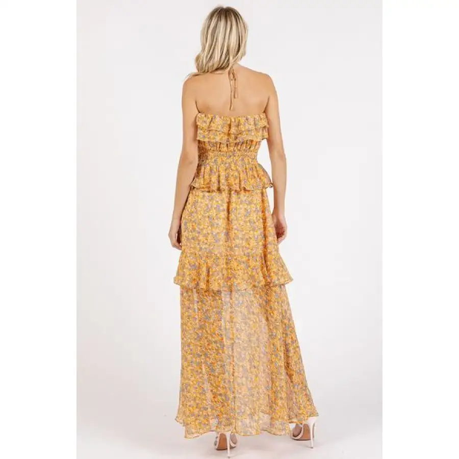 Ruffled Smocked Floral Halter Neck Maxi Dress